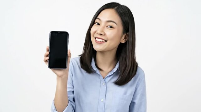 A cheerful young Asian woman confidently holds up a smartphone with a blank, dark screen, presenting it directly towards the viewer against a pristine white studio background. Her warm smile and frien