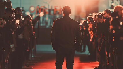 Man in a suit walking away from the camera, surrounded by photographers with flashing lights, symbolizing the pressure and scrutiny of public life and stardom