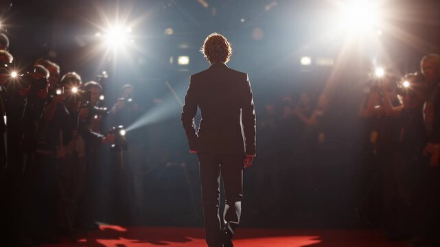 Celebrity in a suit walking away on a red carpet, entering a gala or film premiere event while numerous photographers capture the moment with bright camera flashes