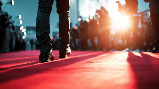 Person walking on a red carpet, attending a premiere event with photographers and videographers capturing the celebrity arrival, highlighting fame, glamour, and media attention