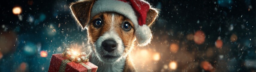 Festive cheer: a charming pup with holiday spirit. Visual poster. Charming canine in festive attire, embracing the joy of the season. Fantasy poster. Advertising photo.