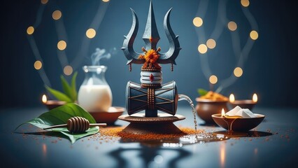 Indian culture honors divine Lord Shiva during the sacred Maha Shivratri festival. Devotion expressed through pure ritual offerings, seeking spiritual peace and enlightenment.