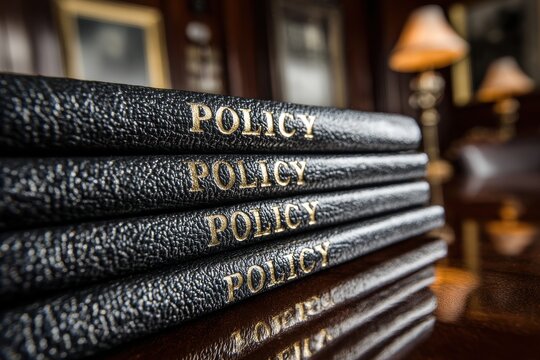 A stack of embossed leather-bound policy documents with gold lettering, reflecting authority and official information.