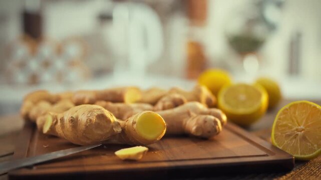 Freshly unearthed brown ginger roots, rich in minerals, lie on a kitchen table beside a cutting board, releasing a pungent aroma as preparation for extracting ginger juice begins