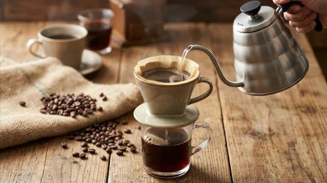 A close-up shot captures the meticulous process of making fresh pour-over coffee, highlighting a hand steadily pouring hot water from a sleek metal kettle into a ceramic filter. Steam gently rises fro