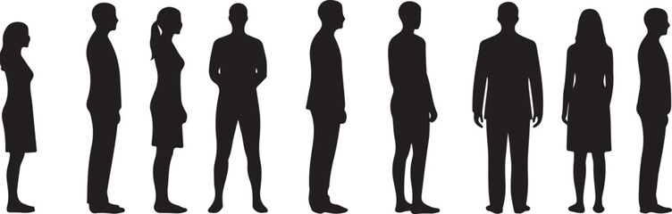 People in different poses, Front view, Side view, Back view, Outline Multi-View Human Figure Vector Line Art CAD Design Vector silhouettes