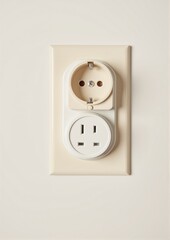 Electrical outlet with two socket types on a light wall  