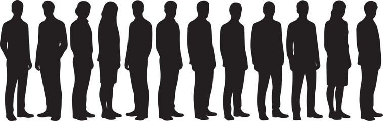 People in different poses, Front view, Side view, Back view, Outline Multi-View Human Figure Vector Line Art CAD Design Vector silhouettes