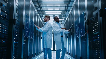 It engineers in white lab coats discussing server rack information in a modern data center, managing and troubleshooting a secure network with cutting edge technology