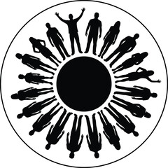People silhouette circle vector, diverse group standing around globe, community teamwork and unity concept, isolated black figures on white.