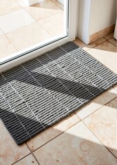 Gray striped doormat placed on tiled floor by the entrance  