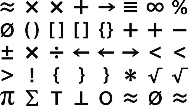 Mathematical symbols vector set, black arithmetic and algebra signs collection, isolated education icons including pi, infinity, roots on white background.
