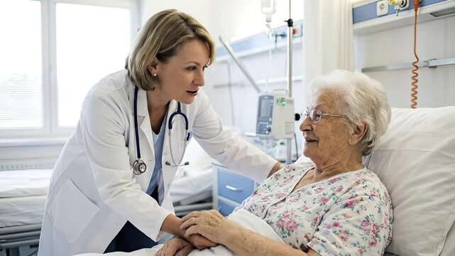 A compassionate female healthcare professional, dressed in a white lab coat with a stethoscope, offers a reassuring touch to an elderly female patient resting comfortably in a bright, modern healthcar