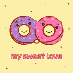 Donuts couple with glaze, valentine card