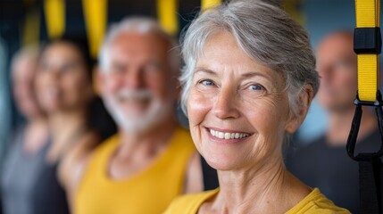 Fototapeta premium A close-up shot of an elderly woman smiling at the camera, with others blurred in the background, near yellow straps