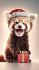 Holiday cheer personified: the adorable christmas panda. Action poster. Enchanting red panda christmas: a smiling cub amid holiday magic. Poster design. Poster graphics.