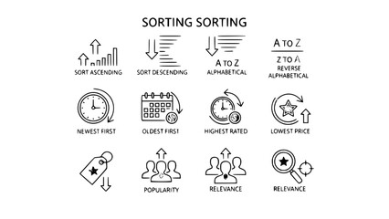 Sorting icons display categories filtering in minimal doodle style on white background or data options presentation with outlined symbols on clean backdrop