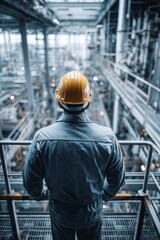 Worker in Yellow Hard Hat Overseeing Industrial Space