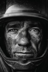 Determined Firefighter with Charcoal-Stained Face