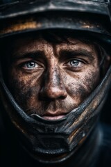 Intense Portrait of a Dirty Racer in Helmet