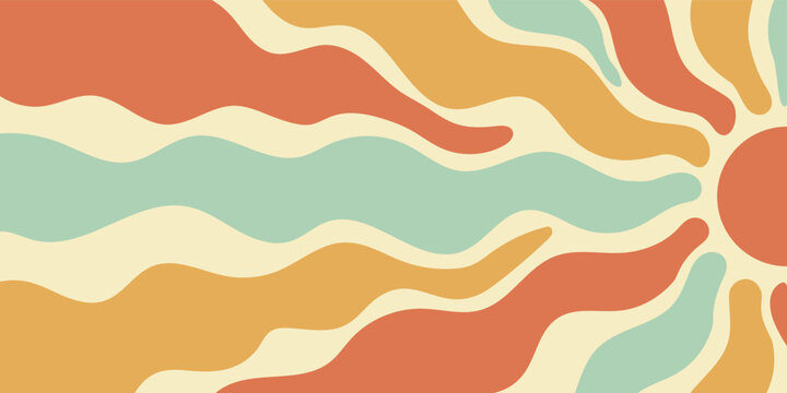Groovy retro sun with orange and yellow burst ray in flat style. Sunshine wave as y2k abstract background, playful and bold, with bright energetic color in a horizontal format.
