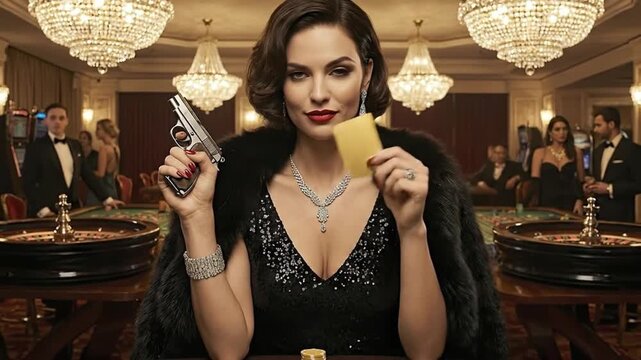 A confident and glamorous woman exudes an aura of mystery and power in an opulent, high-end entertainment setting. Dressed in a sequined gown and fur, adorned with sparkling diamond jewelry, she provo