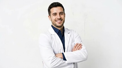 A confident, smiling male professional stands with arms crossed, wearing a pristine white lab coat over a dark shirt against a clean, bright background. He projects trust, expertise, and a welcoming d