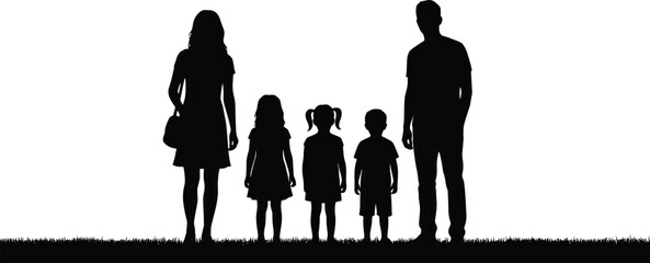 Silhouette of family with three children standing on grass, vector illustration of parents and kids together, white background, happy bonding.
