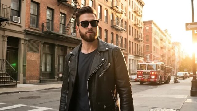 A confident, stylish man with a well-groomed beard and dark sunglasses walks purposefully down a vibrant urban street, illuminated by the warm, golden glow of a late afternoon sun. He wears a sleek bl