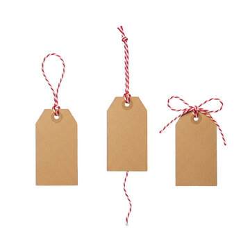 Three paper tags with red and white strings