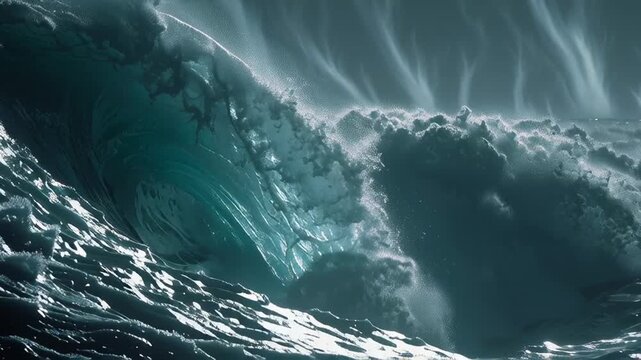Powerful ocean wave curling and crashing in a stormy dark sea, illustrating themes of nature's formidable strength, turbulent conditions, raw power, and dramatic weather