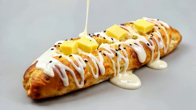 Crispy pastry eclair topped with cream and butter.