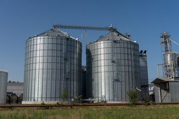 Two large silos are in a field. One is taller than the other. The silos are surrounded by grass