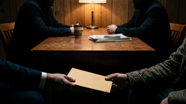 Under muted light, two men sit across a wooden table. Another man offers a sealed envelope, hinting at a clandestine transaction or exchange taking place.
