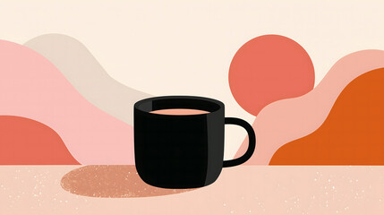 Black coffee mug sits on a textured surface against a backdrop of abstract shapes and warm colors, creating a cozy and inviting atmosphere for relaxation and enjoyment