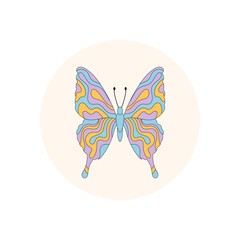 Groovy psychedelic butterfly sticker in a colorful circle. Retro package seal and y2k lid accent, modern graphic for product or creative package design.