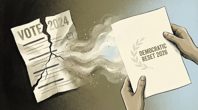 A torn vote from 2024 fades as hands present a Democratic Reset 2026 document, implying a shift in political strategy and future vision.
