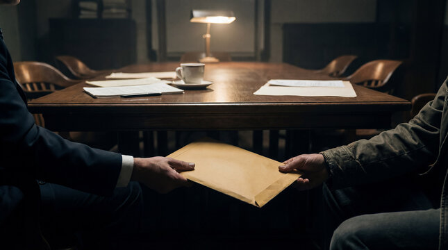 Two individuals secretly meet and exchange a manila envelope under a table. The room suggests an office, illuminated by a solitary lamp, hinting at secrecy and intrigue.