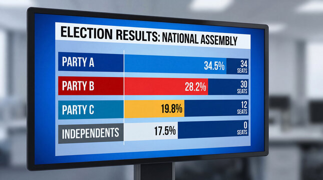 A monitor displays election returns for the National Assembly. Party A is in the lead, followed by Party B, Party C, and Independents. The excitement unfolds.