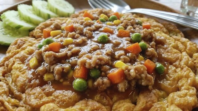 A delectable close-up shot of a savory omelet dish, generously topped with a rich, glistening sauce featuring tender minced protein, vibrant green peas, golden corn kernels, and diced carrots. The flu