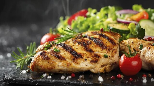 A delectable plate of freshly grilled chicken breasts, perfectly cooked with appealing grill marks and a golden-brown hue, is beautifully presented on a dark, rustic serving surface. Garnished with fr