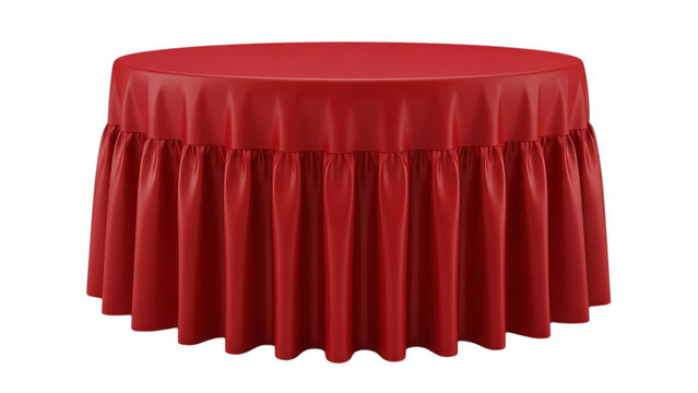 Red round table, with pleated skirt red tablecloth table covering, isolated on a white or transparent background, cutout, PNG