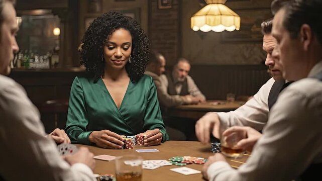 A diverse group of adults is deeply engaged in a strategic card game at a polished wooden table in an atmospheric, upscale setting. A confident woman, elegantly dressed, holds her chips while other pl