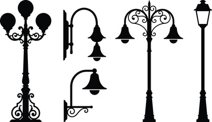 Street lamp silhouette vector set, vintage lantern collection, black retro city lights, isolated iron post icons on white background.