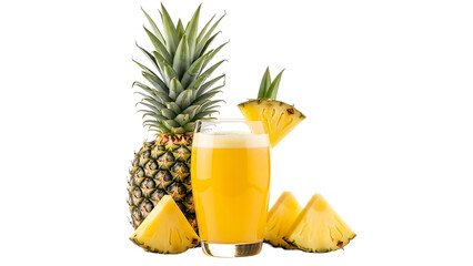 Pineapple juice, in glass with slices and whole pineapple tropical drink, isolated on a white or transparent background, cutout, PNG