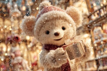 Cherubic bear cub bringing joy in a festive santa hat setting. Elegant outfit. Bear cub in santa hat holding gift box with soft holiday colors. Advertising photo. Opulent look.