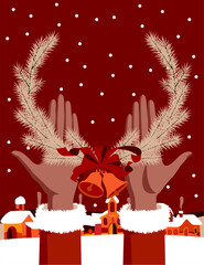 A Christmas and New Year's card with hands holding a wreath of fir tree branches with bells and ribbon against a village landscape in the snow in a funny flat style. Minimalist vector illustration