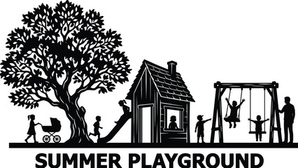Summer playground silhouette vector illustration, kids playing on swing and slide, family leisure time in park nature background scene.