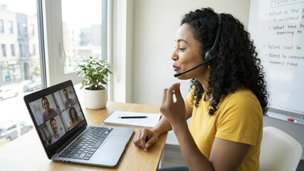 A focused and engaging young woman with curly hair actively participates in a virtual video conference from a bright, modern home office setting. She wears a professional headset with a microphone, ge - Powered by Adobe