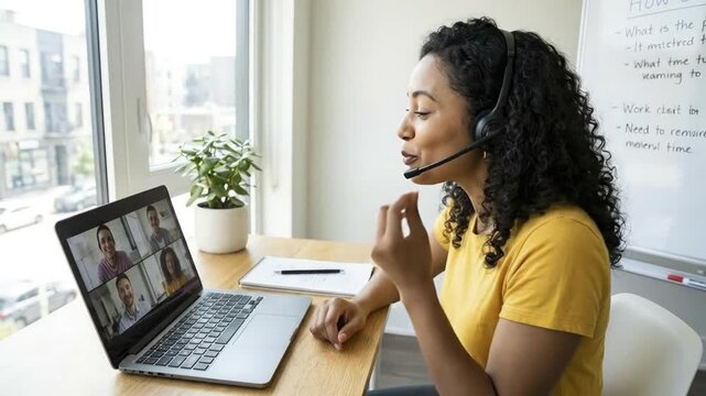 A focused and engaging young woman with curly hair actively participates in a virtual video conference from a bright, modern home office setting. She wears a professional headset with a microphone, ge